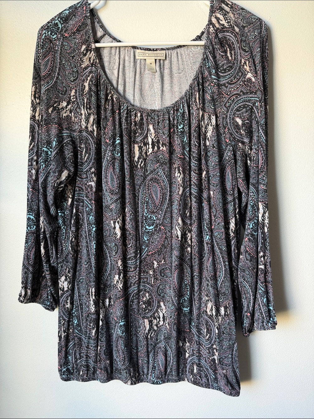 Dana Buchman Long-Sleeve Paisley Scoop Neck Top - Black, Teal & Pink